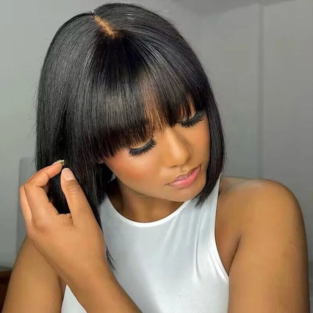 Choice Short Bob Wig Bone Straight 100% Human Hair With Bangs  3x1 Lace Middle Part Wigs For Black Women Bob Wigs