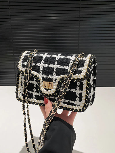 Black & White Plaid Casual Shoulder Bag Crossbody Handbag Women's Shoulder Bags Handbags With Top Handle Fashion Square Bag