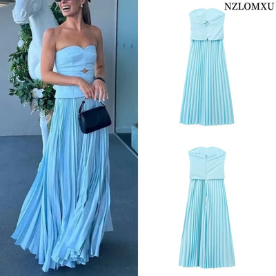 Women's 2024 Autumn New Fashion Temperament Hollow Design Strapless Stitching Crinkled Dress