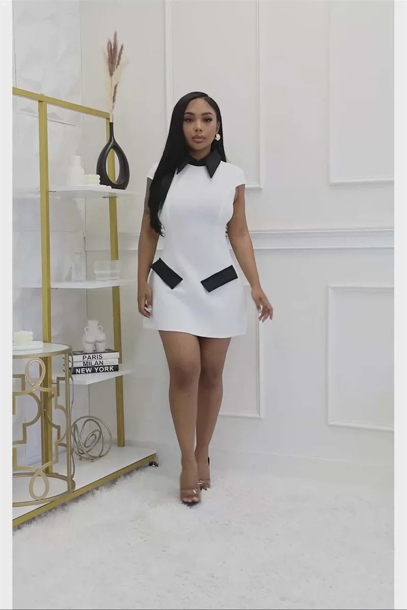 Elegant Fashion A-line Mini Dress Women Peter Pan Collar Cap Sleeve Pockets Patchwork Sheath High Waist Party Club Short Dresses