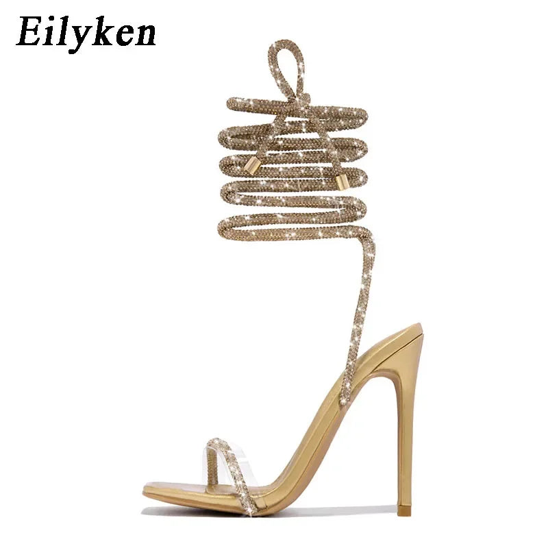 Eilyken CRYSTAL Diamond Thin High Heels Women Sandals Sexy Ankle Cross Strap Lace-Up Square Toe Party Dress Female Shoes