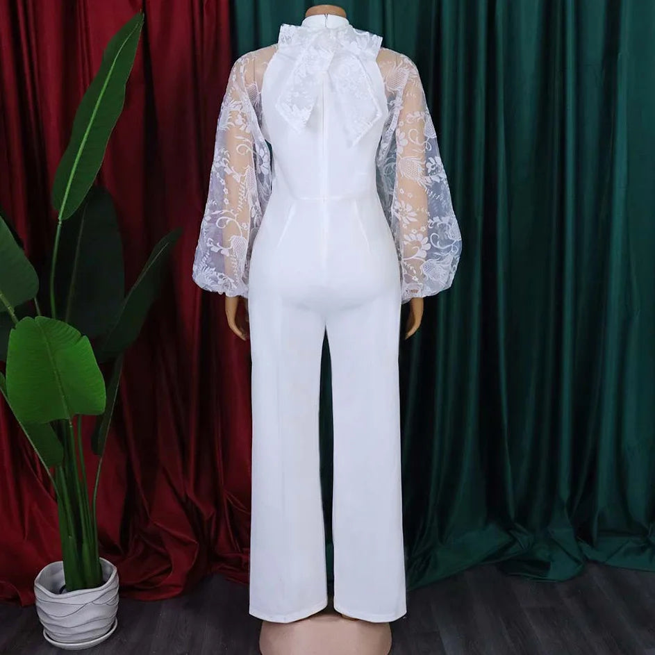 Elegant Jumpsuits & Rompers for Women O Neck Full Sleeve Belt Waisted Straight African Birthday Party Dinner Overalls Clothes OL