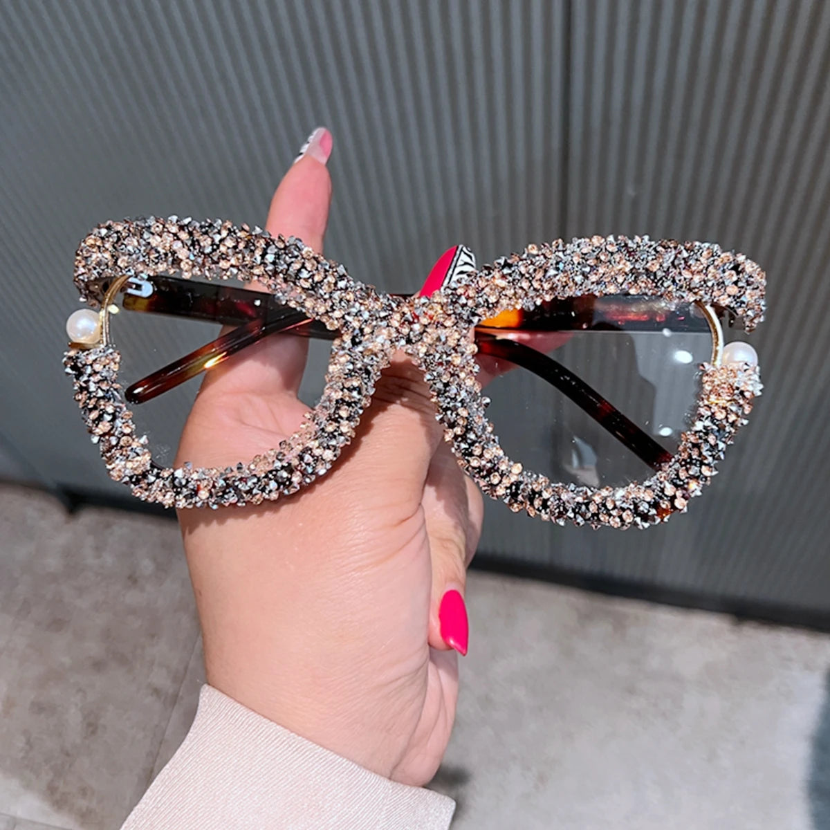 Full Diamond Oversized Blue Light Glasses for Women Fashion Thick Square Computer Eyewear Blue Red Pink Black Glasses