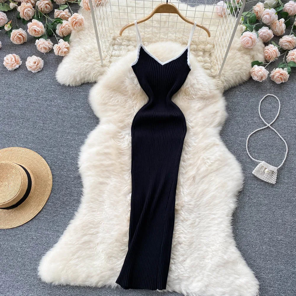 Summer V Neck Knit Sexy Strap Dress Women Elatic Waist Bodycon Sundress Female Beach Backless Maxi Long Dress