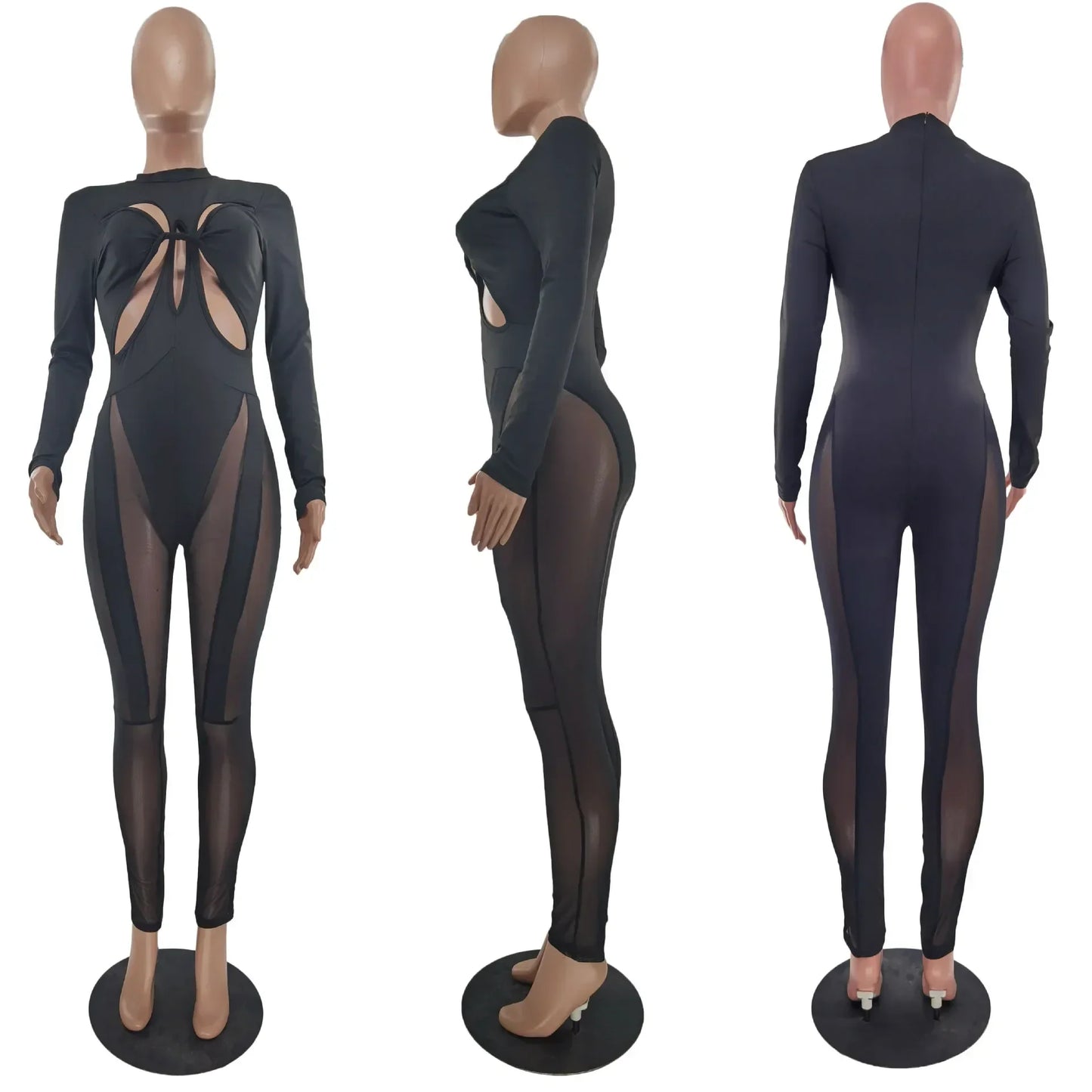 GUWU Mesh Patchwork Cut Out High Wais Long Sleeve Skinny Stretch Sexy Jumpsuit Hollow Out Night Club Women Overalls