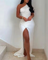 Summer Fashion Elegant Oblique Neck Evening Dress Women Sexy One Shoulder High Split Dress White Sexy Asymmetric Party Robes