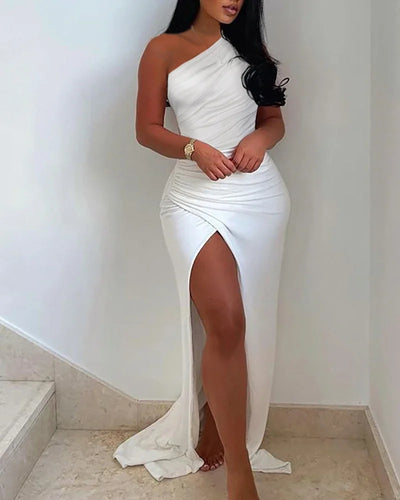 Summer Fashion Elegant Oblique Neck Evening Dress Women Sexy One Shoulder High Split Dress White Sexy Asymmetric Party Robes