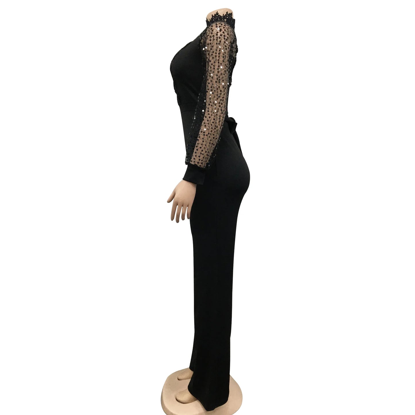 Fashion Women's Clothing Hollow Long-sleeved Loose Wide Leg Jumpsuits Overall Pants Solid Color Sexy Lace