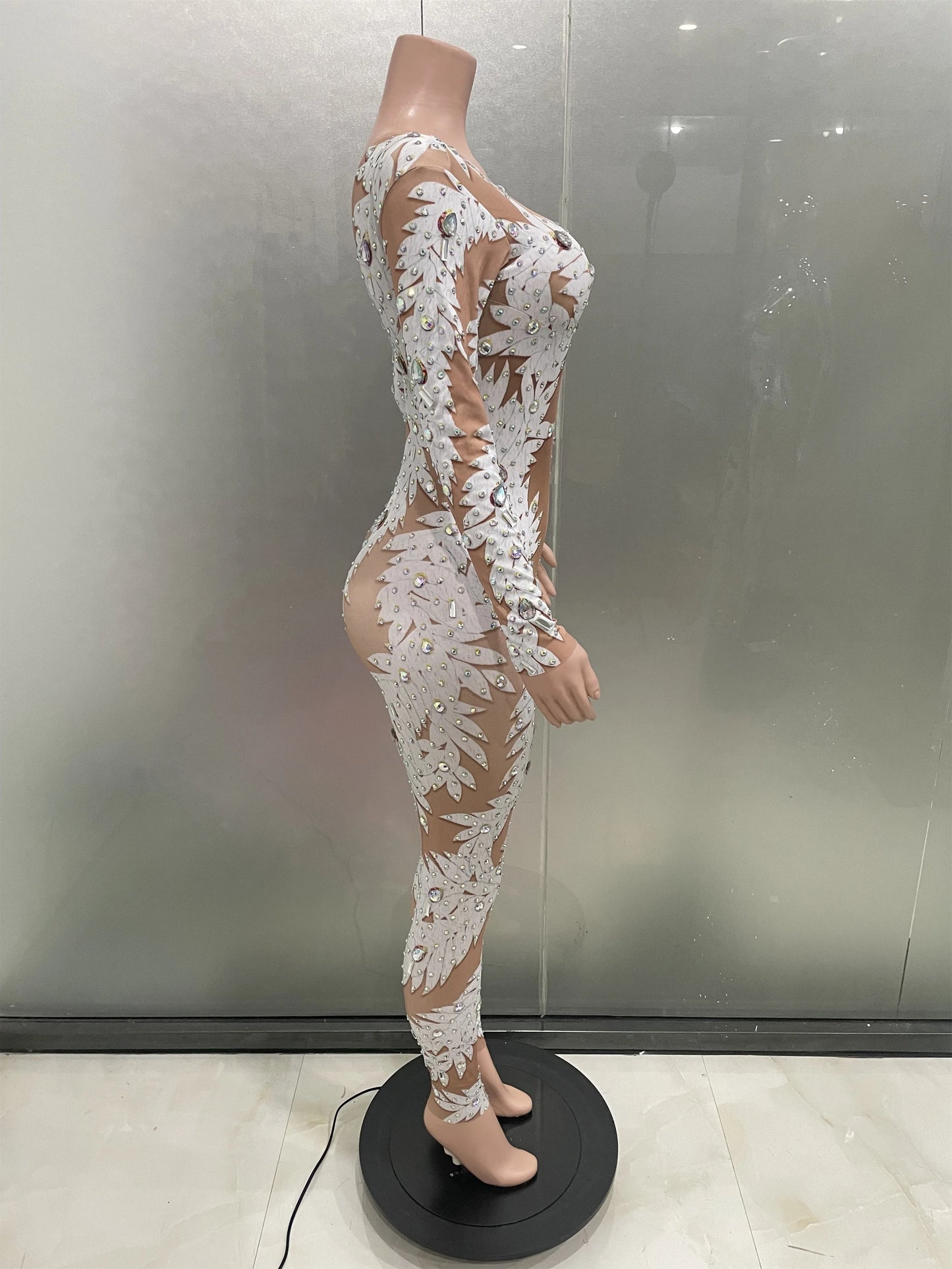 Sexy Crystal High Stretch Bodycon Long sleeve Jumpsuit Women Celebrate Nightclub Party club Performance Costume Stage Wear
