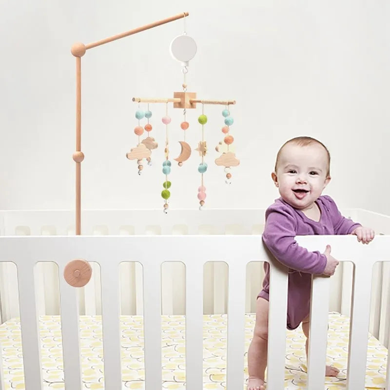 Crib Mobile Bed Bell Wooden Baby Rattles Soft Felt Cartoon Animal Bed Bell Newborn Music Box Hanging Toy Crib Bracket Baby Gifts