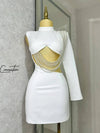Fashiona sexy women's slim fit solid color one shoulder elegant dress pearl string party half high neck hip hugging mini dress