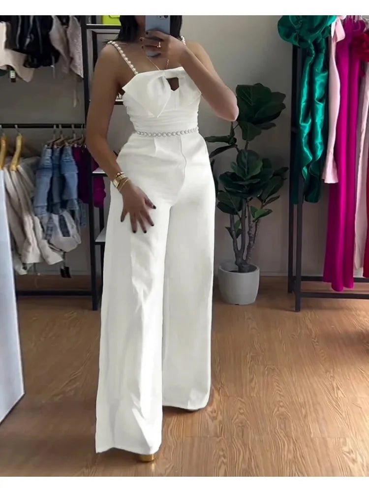 Spring New Jumpsuit Women Bandeau Beaded Spaghetti Strap Bowknot Design Ruched Slim Fit Elegant Wide-Leg Overall Female Jumpsuit