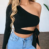 Women lady bandage slim tee tops long sleeve one-shoulder bow-tie elastic solid T Shirt cold shoulder sexy crop top Club Street
