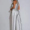 HLJ Elegant Stripe Patchwork Jumpsuits Women Halter Sleeveless Bow Belted Wide Legs Rompers Female Night Clubwear Overalls New