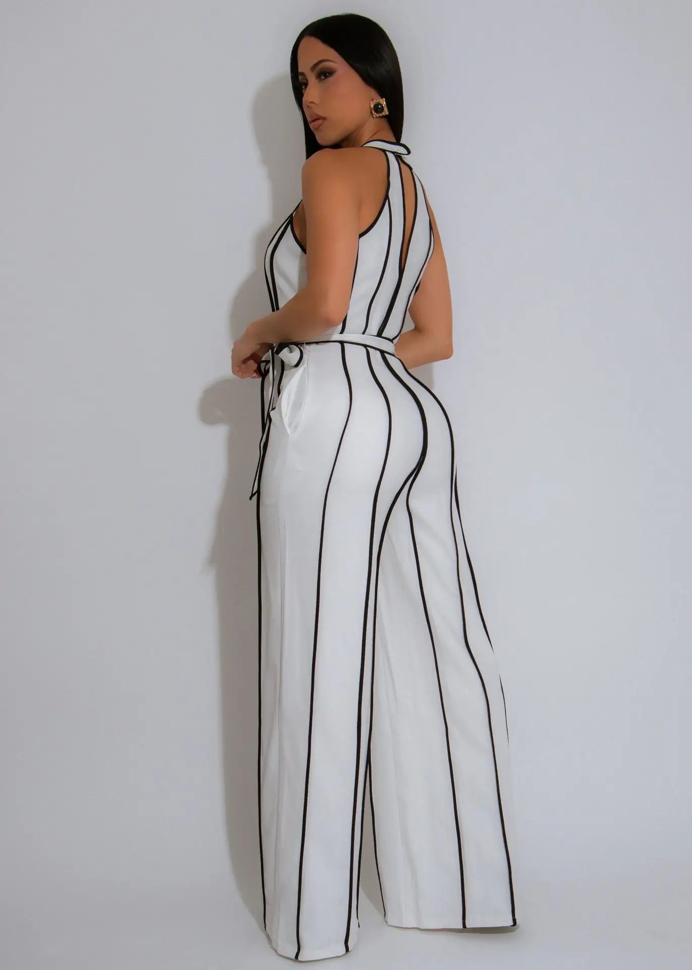 HLJ Elegant Stripe Patchwork Jumpsuits Women Halter Sleeveless Bow Belted Wide Legs Rompers Female Night Clubwear Overalls New