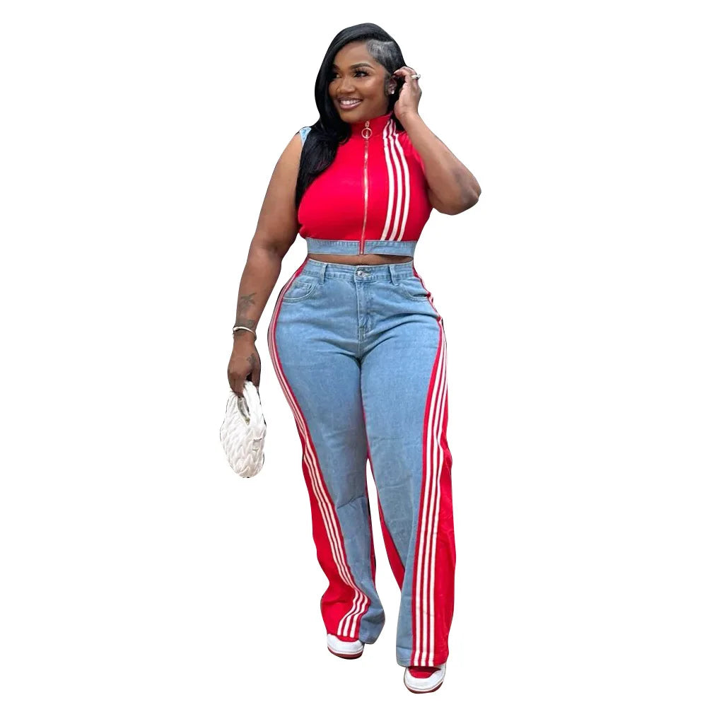 2 Pieces Women's Sets 2025 Spring Summer Denim Sleeveless Suit Tops And Wide Leg Pants Suits Two Piece Set Tracksuit Outfit