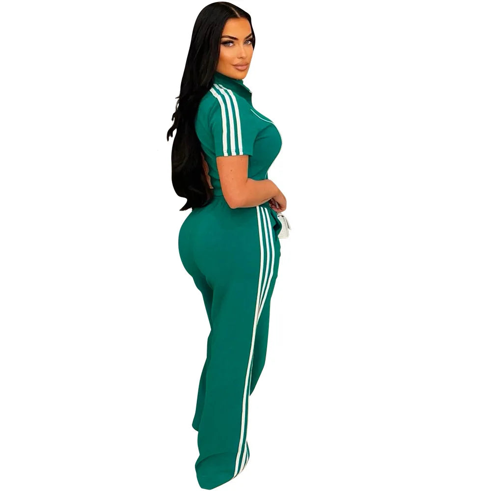 Fashion Casual Short Hoodie 2 Piece Women Summer Zipper Top Short Sleeved Sports T Shirt Stripe Splicing Long Pants Female Suit