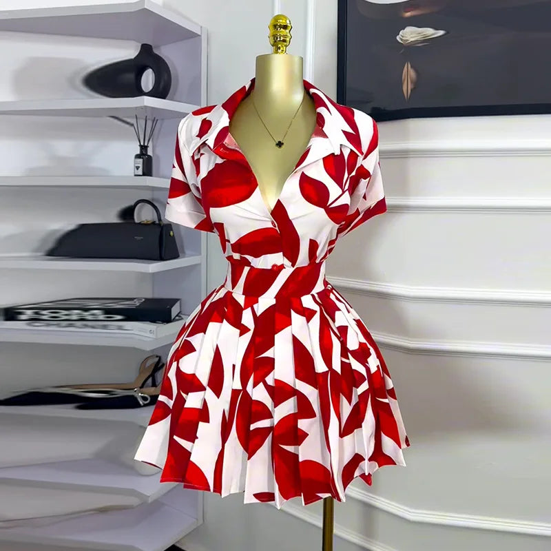 CM.YAYA Leaf Printed Women's Set Short Sleeve Bowknot Hem Blouse Shirt and Pleated Mini Skirts Suit 2023 Two 2 Piece Sets Outfit