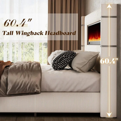 Bed Frame with Fireplace,Wingback Platform Bed Frame with 60.4“ Extra Tall Headboard,Corduroy Upholstered Bed Frame Wooden Slats