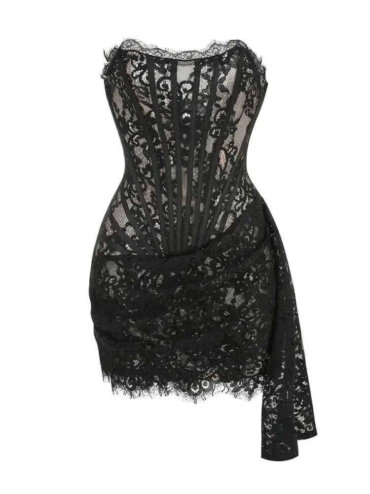 XIAOTANG Elegant Lace Strapless Sexy Mini Dress for Women Fashion Off-shoulder Irregular Ruched Bodycon Night Club Party Dress