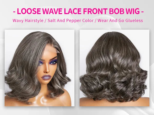 Salt and Pepper Loose Wave Lace Front Bob Wig Human Hair Side Part  5x5 HD Closure Lace Wig Ready To for Black Women