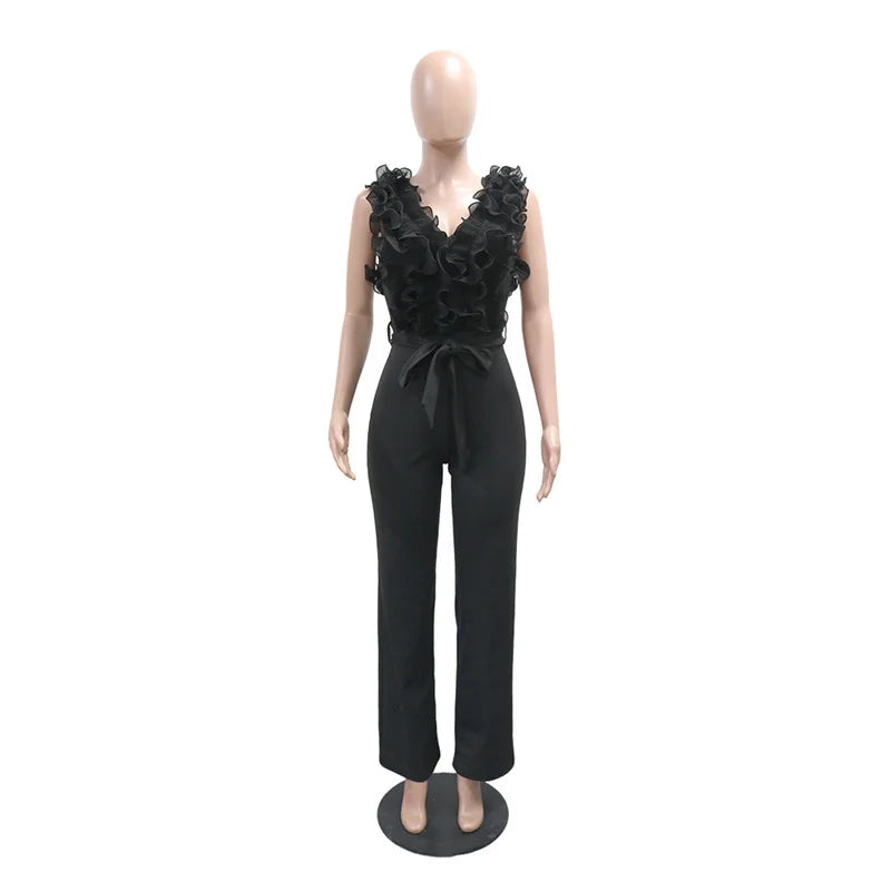 New 2025 Summer Women V Neck Sleeveless Elegant Straight Jumpsuits Edible Tree Fungus Sexy Birthday Party Jumpsuit Rompers Black
