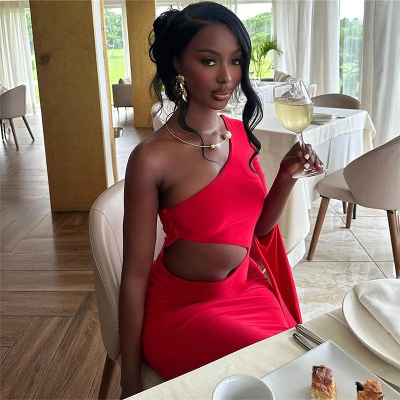 DSMTRC Solid Trend Incline Shoulder Lengthen Single Sleeve Hollow High Street Women Maxi Dress Sexy Elegant Vestidos Attirewear