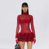 2024 New Sexy Mesh See through Stereoscopic Flowers Red Mini Evening Dress Sweet Woman Birthday Party Dress Performance costume