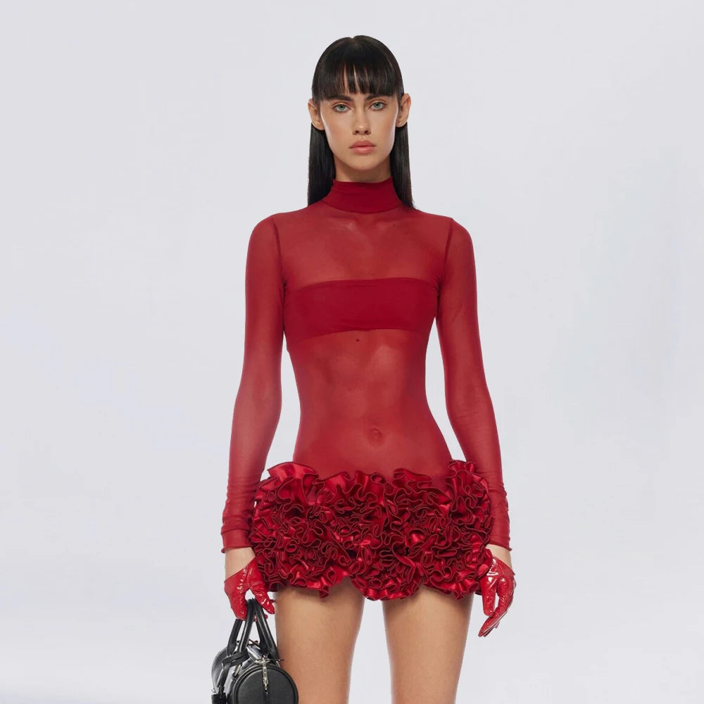 2024 New Sexy Mesh See through Stereoscopic Flowers Red Mini Evening Dress Sweet Woman Birthday Party Dress Performance costume