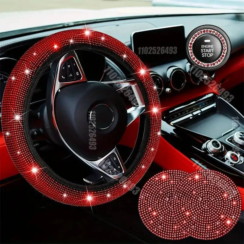 Car Accessories Set 27/4Piece Women Bling Universal Fit Polyester Steering Cover Shiny License Frame Phone Holder Coasters Tools
