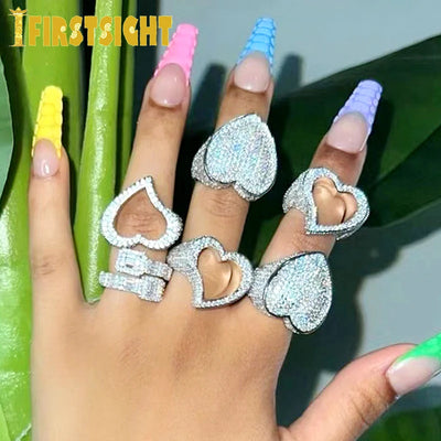 New Full Iced Out Bling Hollow Heart Ring Gold Silver Color 5A CZ Micro Pave Cubic Zircon Rings Hip Hop Punk Men Women Jewelry