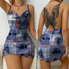Summer fashion sexy women's casual nightdress dress suspenders Stitch print casual U-neck lace butterfly backless pajamas women