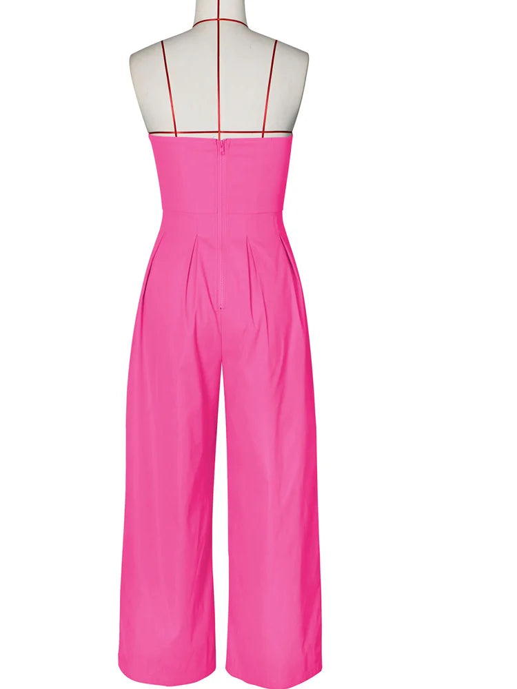 Beyprern New Chic Button Details Palazzo Jumpsuit One Piece Outfits Womens Ruched Strapless Wide Legs Jumpsuits Romper Clubwear