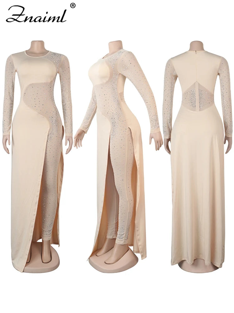 Znaiml Luxury Women Long Sleeve Sheer Mesh Patchwork Skinny Night Party Club Romper Overalls Birthday Sexy Rhinestone Jumpsuits