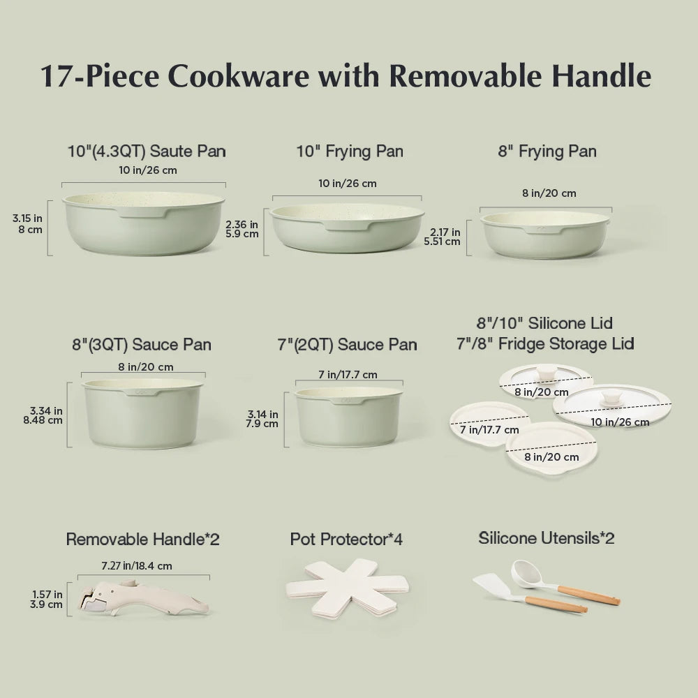 17pcs Cookware Set Non Stick, Green Stackable Cooking Pots and Pans Set with Removable Bakelite Handle and Glass Lid, Oven Safe