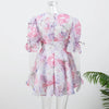 Women Tie-dye 3d Flower Deep V Neck Flare Sleeve Mini Dresses Fashion Slim Printed Multiple Pleat Vestidos New Lady Holiday Wear