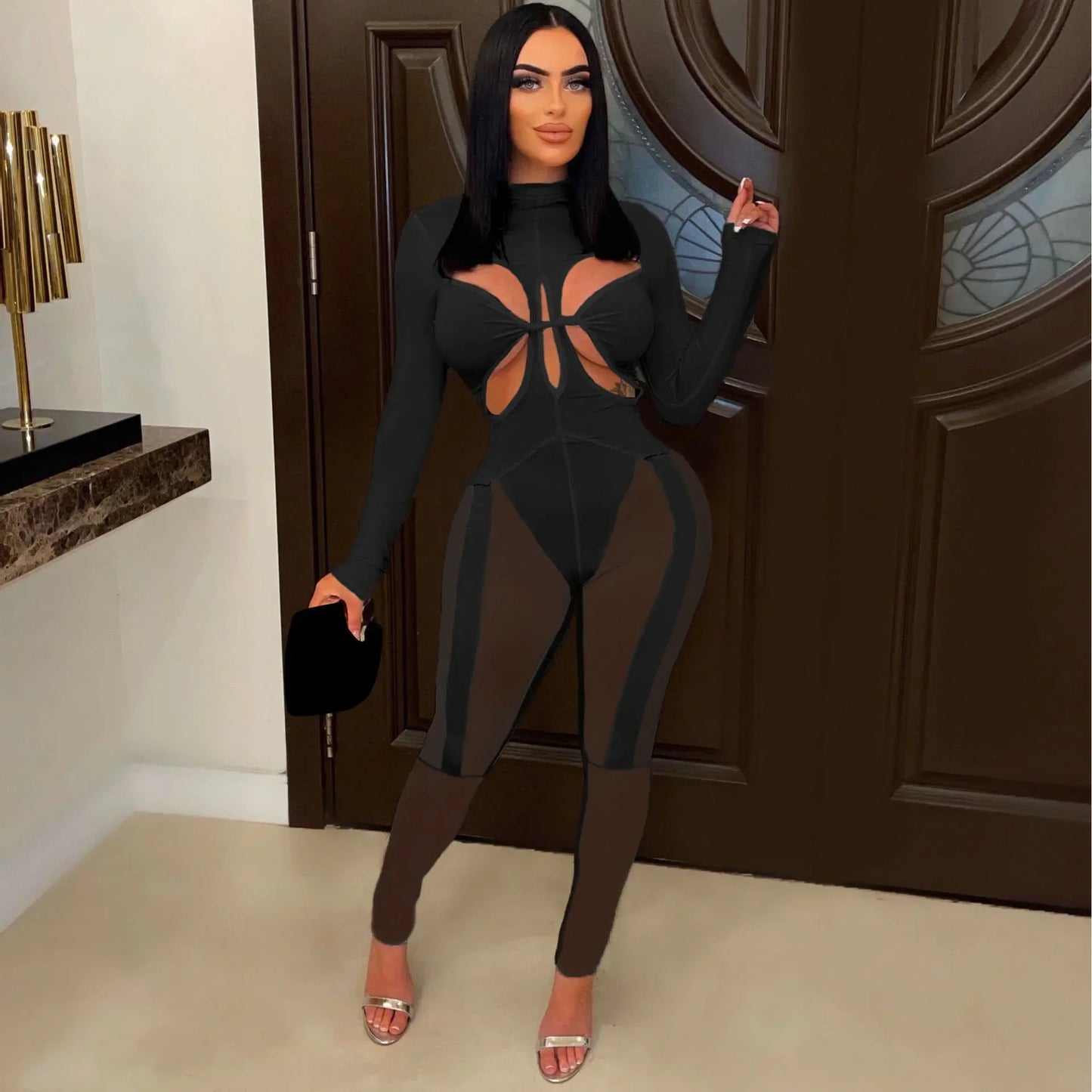 GUWU Mesh Patchwork Cut Out High Wais Long Sleeve Skinny Stretch Sexy Jumpsuit Hollow Out Night Club Women Overalls