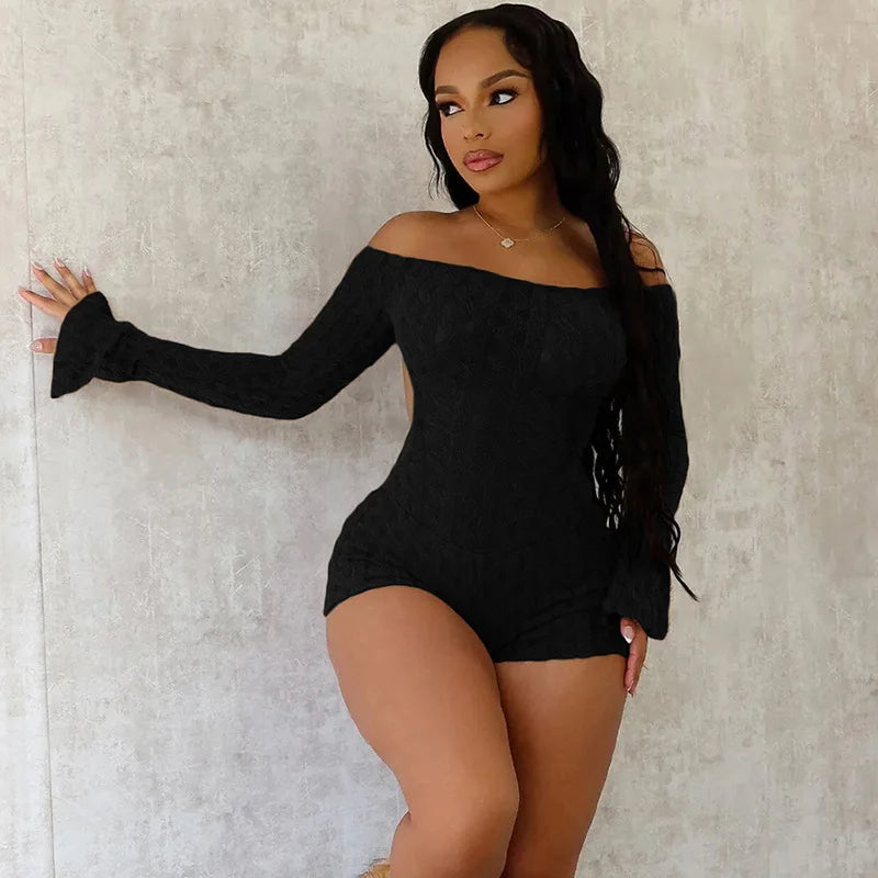 2025 Spring Women's Clothes Above Knee Sexy Knit Rib Romper One Piece Off Shoulder Long Sleeve Skinny Short Jumpsuits Playsuits