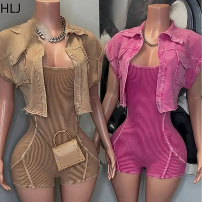HLJ High Quality Women's Shorts Outfits Cotton Crop Jacket+Bodysuits 2 Piece Set Casual Vintage Two Piece Set Women's Spring New