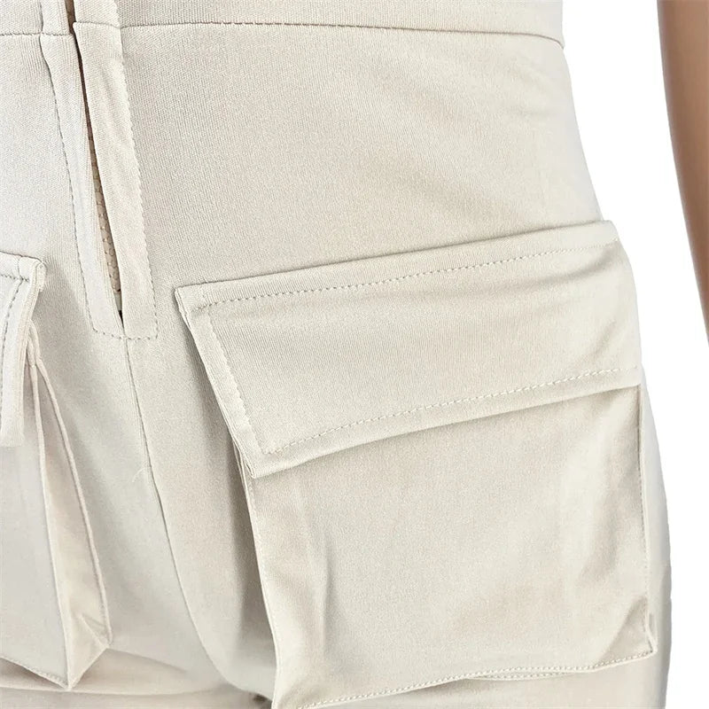 Streetwear Zipper Pockets Shorts Jumpsuit Women Clothing Short Sleeve Skinny Cargo Playsuit Summer Casual One Pieces Romper