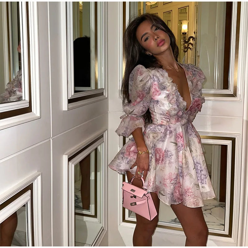 Women Tie-dye 3d Flower Deep V Neck Flare Sleeve Mini Dresses Fashion Slim Printed Multiple Pleat Vestidos New Lady Holiday Wear