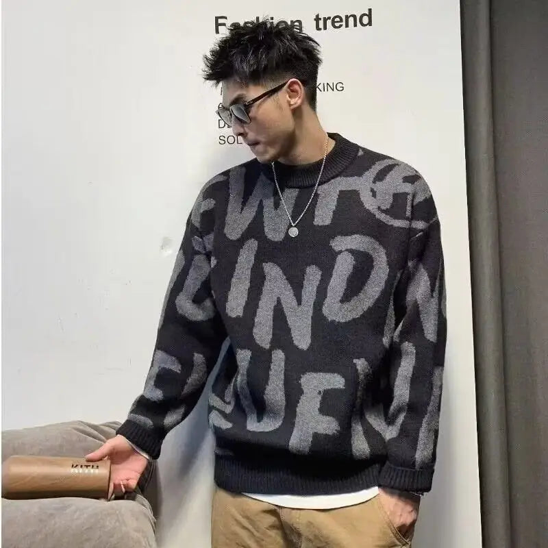 Pullover Man Letter Green Knitted Sweaters for Men Crewneck Loose Knitwear Round Collar Clothing Deals 2024 Fit Cheap Woven Top