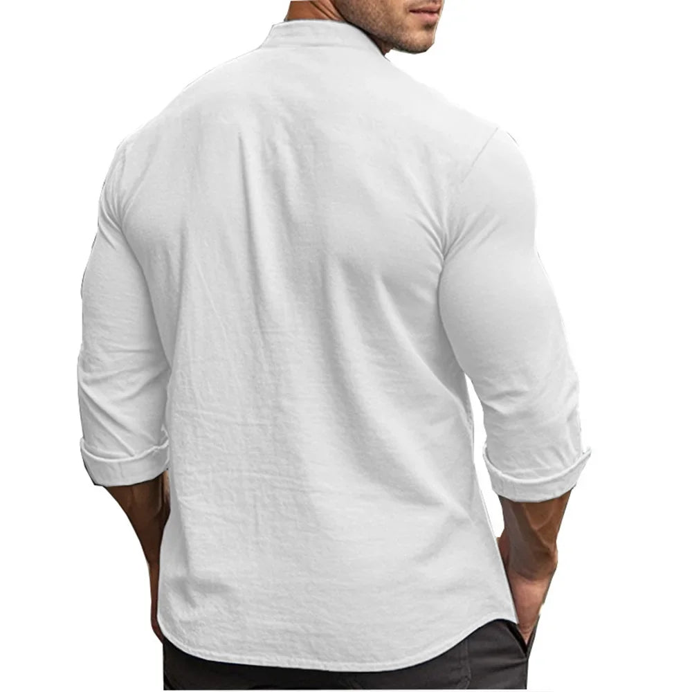 Spring and Summer Men's Shirt Cotton Linen Slim Casual Hawaii Solid Colour Basic Style Breathable Men's Versatile Tops