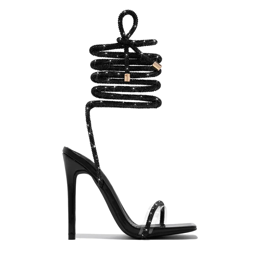 Eilyken CRYSTAL Diamond Thin High Heels Women Sandals Sexy Ankle Cross Strap Lace-Up Square Toe Party Dress Female Shoes