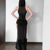 OMSJ Women Gothic 2024 Black Hooded Knitted High Split Long Dress Hollow Sexy See-through Straight Dress Festival Rave Club Wear