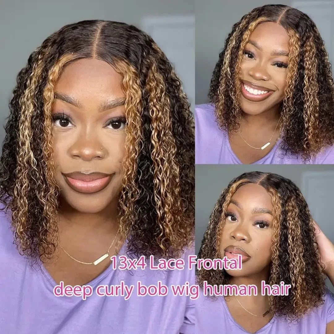 Bob Wig Deep Wave Highlight 13x4 Lace Front Human Hair Wig Honey Brown Blonde Water Wave Ombre 4/27 Transparent Lace Frontal Wig