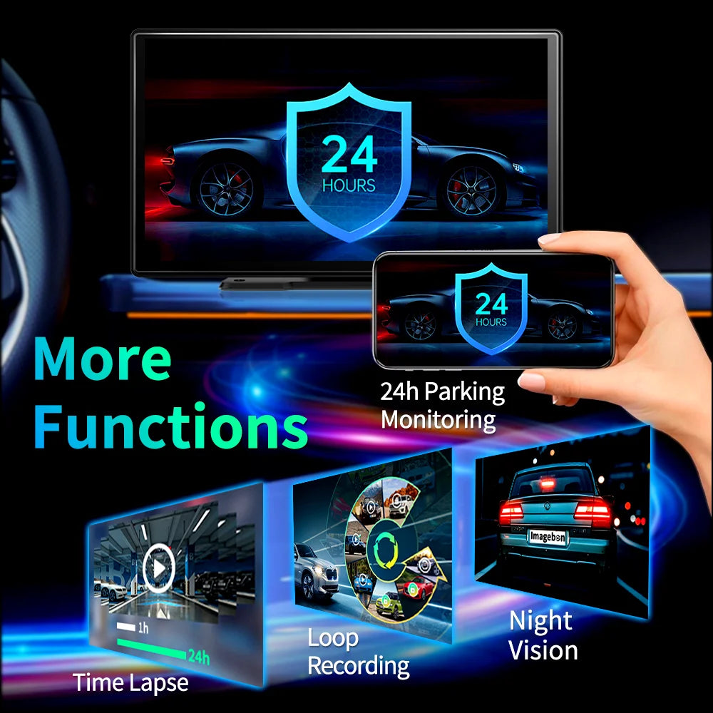 9'' Imagebon A8Pro ADAS Wireless Carplay & Android Auto Dash Cam 4K Rearview Camera 24h Park Monitor GPS Navigation Car DVR