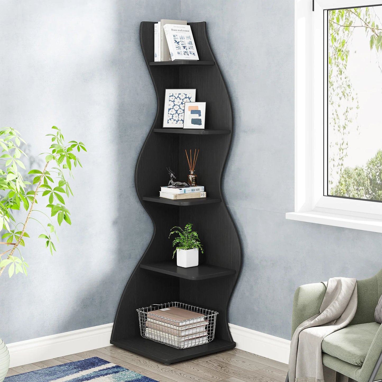 Tribesigns Corner Shelf, Modern 5-Tier Wall Corner Bookshelf, Stylish Corner Small Bookcase Storage Rack Plant Stand
