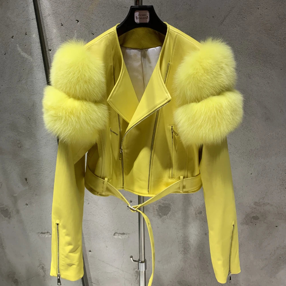 GO BALLISTIC YA Women Leather Jacket With Fur Sleeve Fashion Ladies Crop Jacket