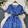 Summer Pleated Women Buttons Dresses Casual Beach Holiday Short Sleeve V Neck Woman Midi Dress Bohemian Mujer Vestidos